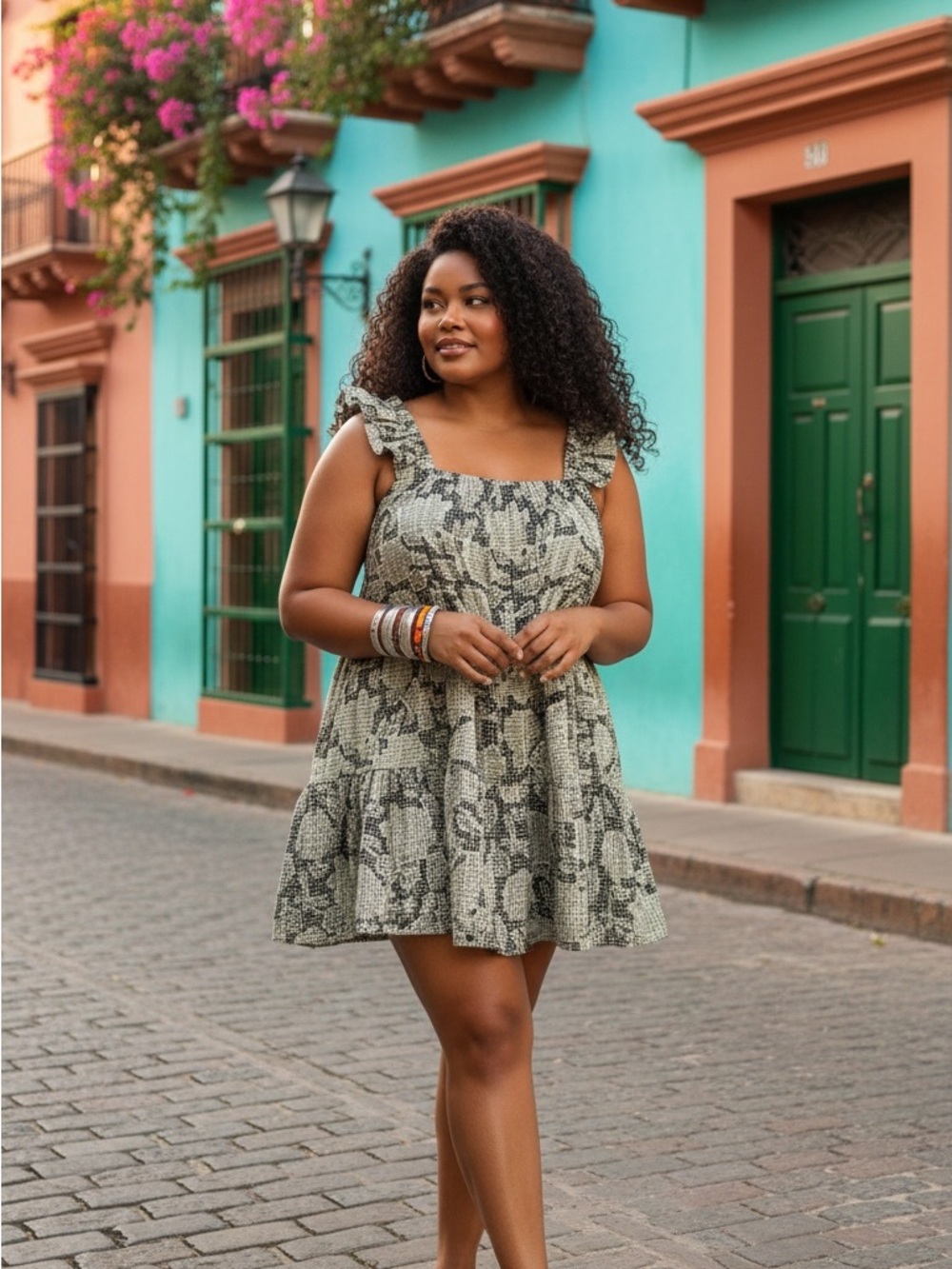 crown & ivy Floral-Print Ruffle Strap Mini Dress in Gray and Black